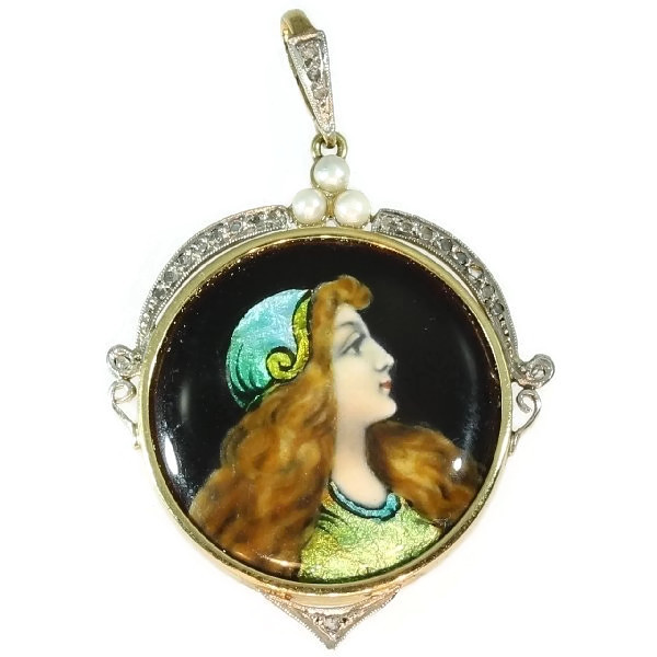 Pretty estate Limoge enamel pendant with rose cut diamonds and seed pearls